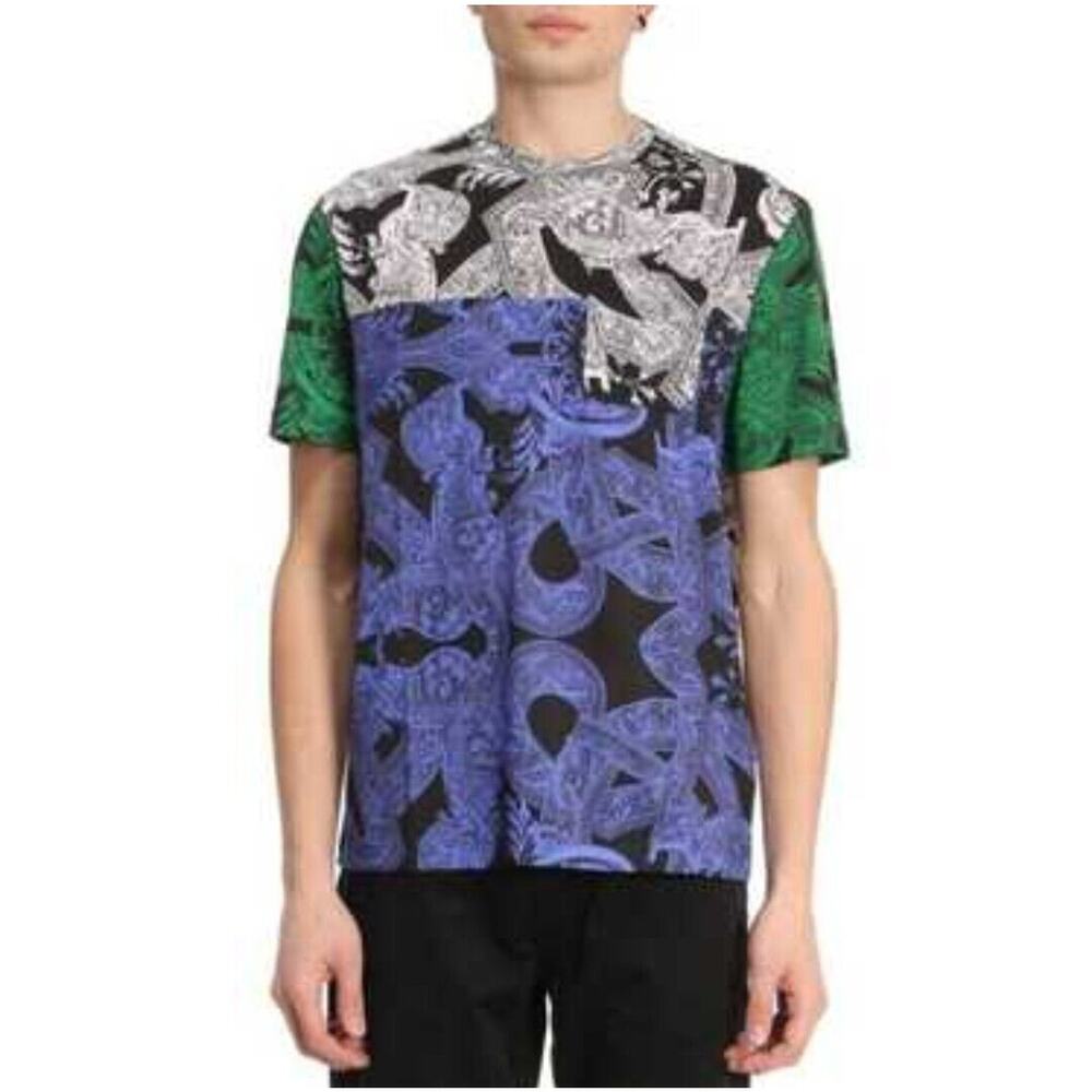Versace Shirt‎ Mens Medium Black Purple Green Baroque Printed Cotton Pocket Tee